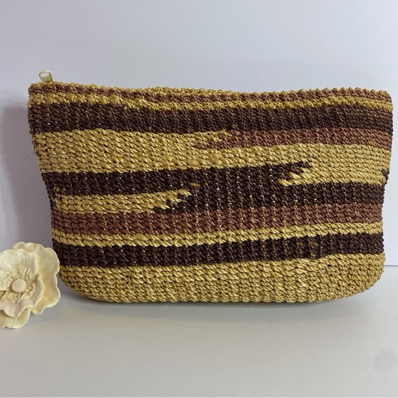 Handbags - Striped Brown and Yellow Woven Clutch